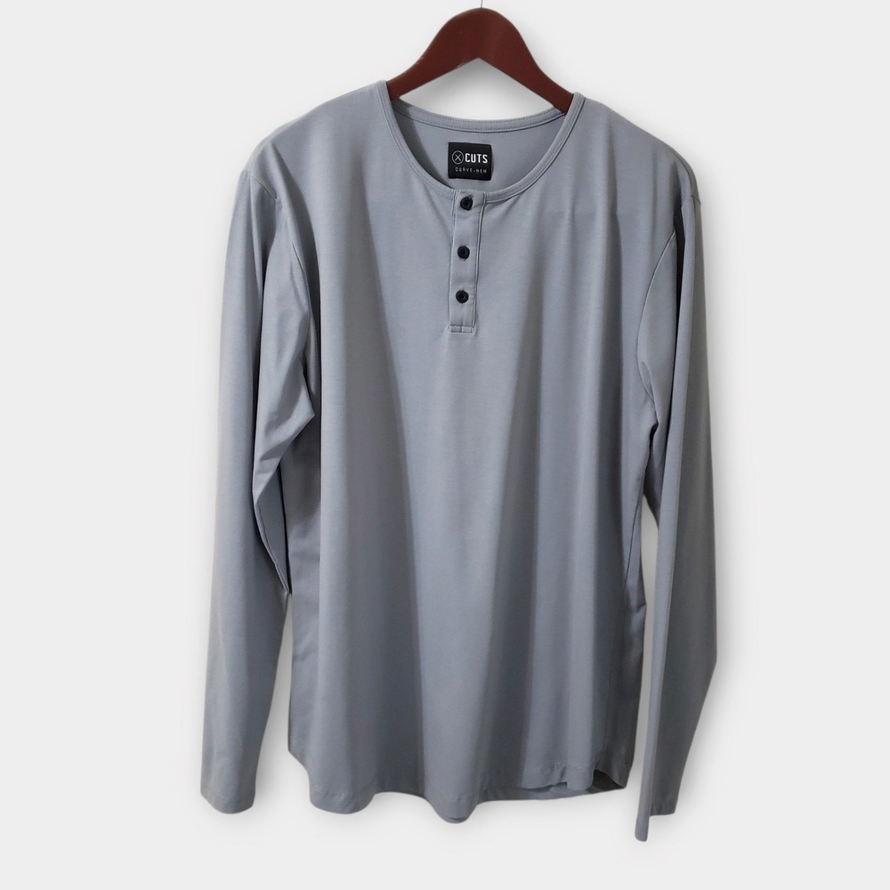 Cuts Curve-Hem Henley Long Sleeve Shirt XL Gray PYCA Pro Mens